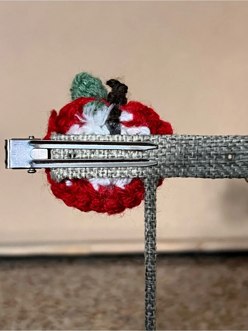 Crochet Apple Kids Hair Clip with Green Leaf Accent